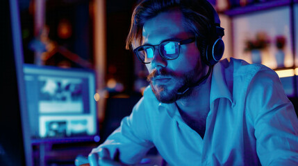 Fototapeta premium Serious young Caucasian man with headset successful call center manager in office using computer engaging in video conference with client or employee