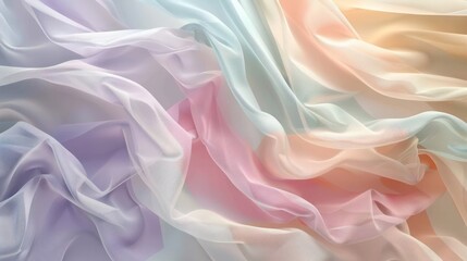 Obraz premium Screen wall with layers of floating fabric panels, each in a different pastel shade, creating a soft, dreamlike divider that gently sways