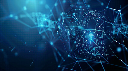 Obraz premium illustration of a lock symbol formed by lines and triangles interconnected network points on a blue background representing cybersecurity 