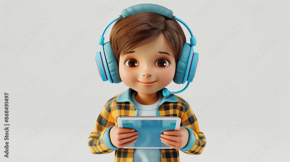 Wall mural A cartoon boy wearing headphones and holding a tablet.