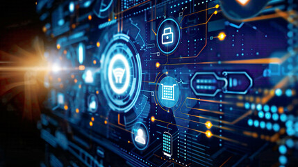 Visual depiction of cyber security and digital data protection with an icon graphic interface demonstrating secure firewall technology for safeguarding online data access against hackers