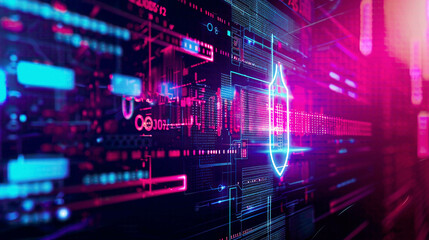 Obraz premium Visual depiction of cyber security and digital data protection with an icon graphic interface demonstrating secure firewall technology for safeguarding online data access against hackers