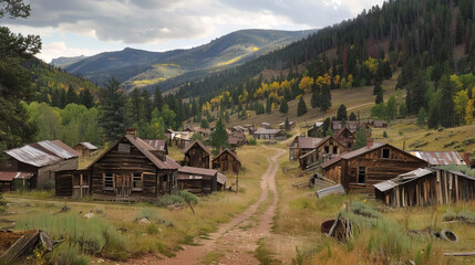 Obraz premium Old western abandoned gold mining ghost town with weathered wooden buildings.