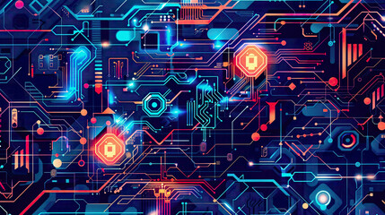 Obraz premium Visual representation of a wide cyber security internet and networking concept featuring a hi-tech illustration incorporating various technology elements 