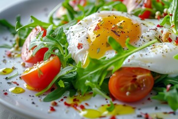 Salad with poached egg, sweet bell pepper, lettuce and cherry tomatoes. Restaurant starter menu