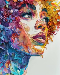 Naklejka premium Colorful portrait of a woman made from vibrant paper flowers and intricate details, showcasing artistic creativity and diversity.