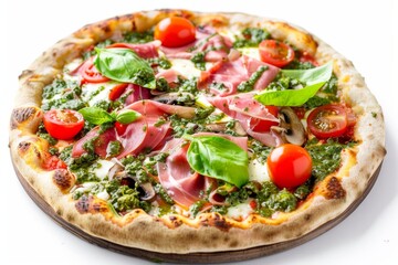 Parma Ham Pizza with Porcini Mushrooms, Mozzarella, Basil, Cherry Tomatoes, Pesto