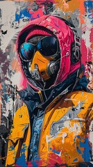 Vibrant urban graffiti street art featuring a masked figure in colorful, futuristic attire blending into a dynamic background.