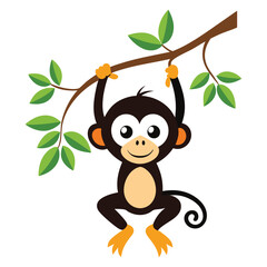 Cute little monkey cartoon hanging on tree branch