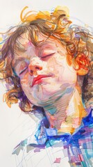 Colorful artistic portrait of a young boy with curly hair, eyes closed, and serene expression. Vibrant and expressive illustration.