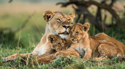 Obraz premium A lioness relaxes in the grass with two lion cubs pressed affectionately against her, exuding a sense of warmth and protection.
