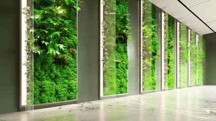 Screen wall with panels of moss and embedded crystals, providing not only privacy but also a natural air purification system