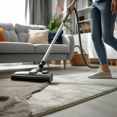 Fototapeta premium Carpet cleaning, long pile, fluffy doormat, dirty rug. Woman hoovering carpet in living room. Cleaning service