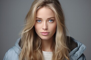 Fototapeta premium Young adult Nordic blonde woman with blond hair and light blue eyes wearing jacket