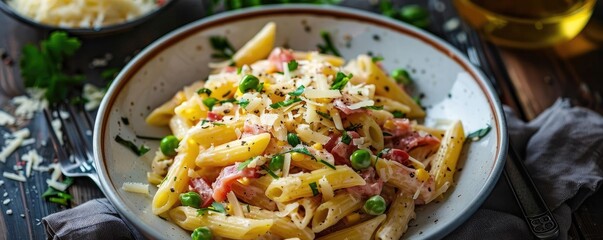 Delicious creamy penne pasta served with fresh herbs, vegetables, and shredded cheese in a rustic bowl on wooden table.