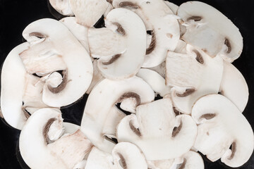 Sliced raw button mushrooms on black dish close-up