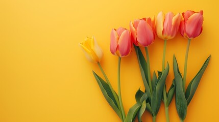 A yellow tulip and three pink tulips are arranged on a yellow background.