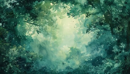 Obraz premium Magical forest canopy with sunlight filtering through leaves, creating a mystical atmosphere of serene natural beauty and tranquility.