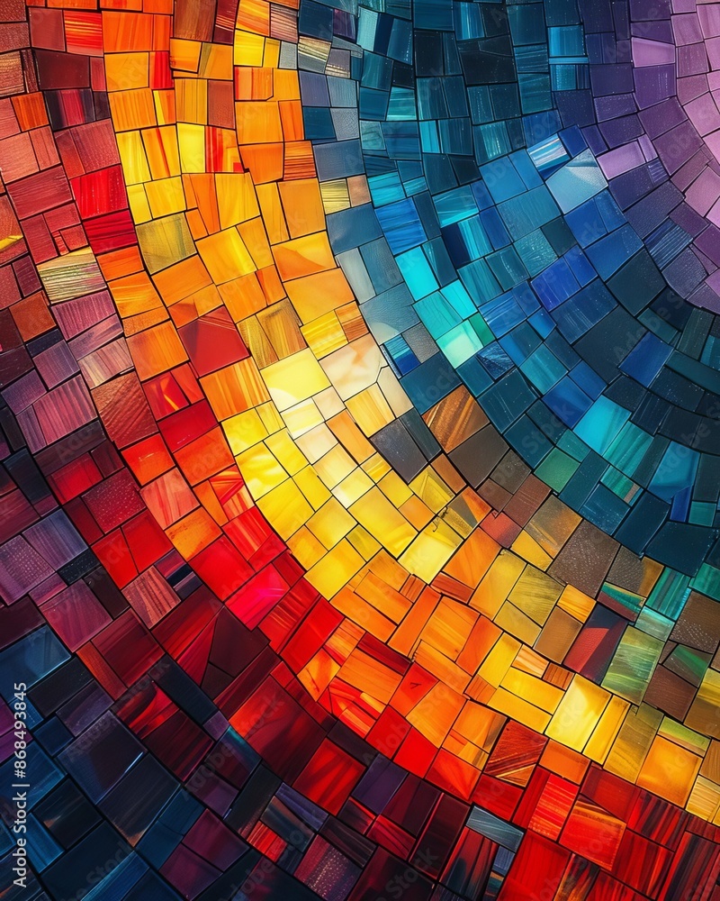 Poster vibrant abstract mosaic art with colorful geometric shapes in a stunning array of hues, creating a d