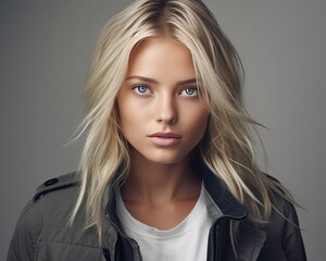 Fototapeta premium Young adult Nordic blonde woman with blond hair and light blue eyes wearing jacket