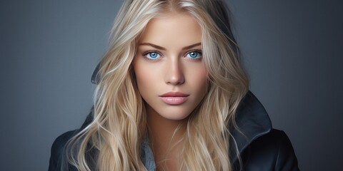 Young adult Nordic blonde woman with blond hair and light blue eyes wearing jacket © Stefan