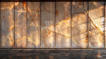 Screen wall with panels of translucent marble, backlit to highlight natural veining and provide a warm, inviting glow