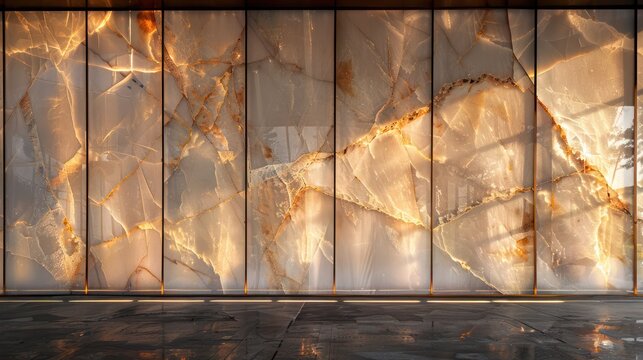 Screen wall with panels of translucent marble, backlit to highlight natural veining and provide a warm, inviting glow