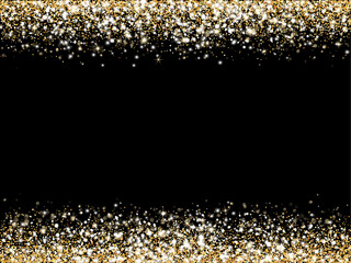 Golden glitter lights on black background. Sparkling glittering rain effect. Celebration backdrop for Christmas, wedding, birthday party. Luxury metallic frame, border. Vector.