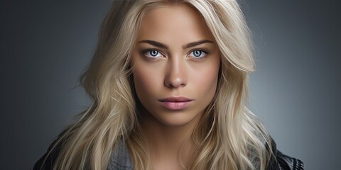Fototapeta premium Young adult Nordic blonde woman with blond hair and light blue eyes wearing jacket