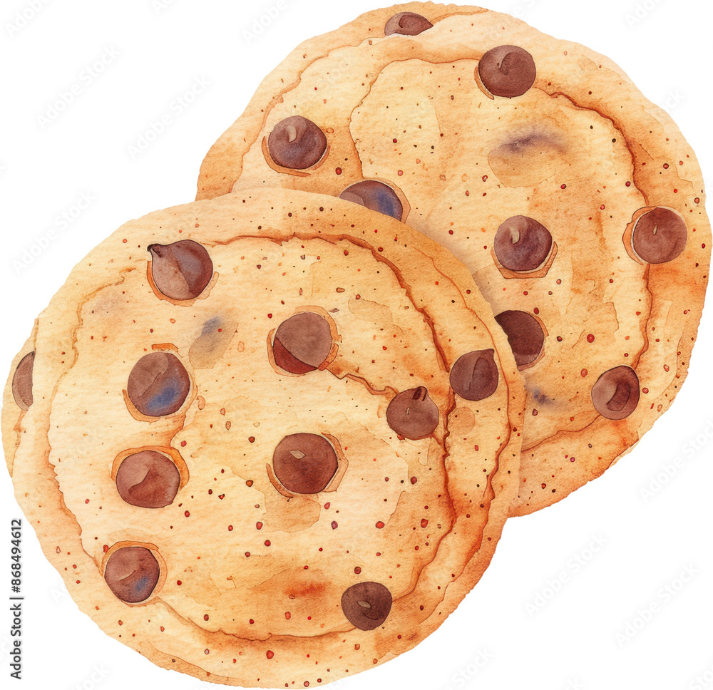 Poster Watercolor Chocolate Chip Cookies. isolated on a transparent Background.