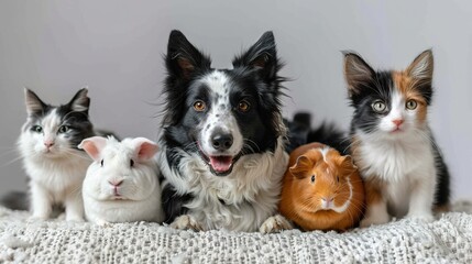 Obraz premium A dog, two cats, a rabbit, and a guinea pig lined up on a textured blanket. Generated AI.