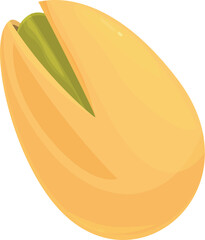 Single pistachio nut is cracked open showing the green seed inside