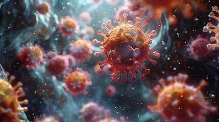 Microscopic macro closeup view of floating influenza virus cells concept illustration