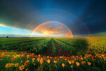 Rainbow arcing over a field after a summer rain