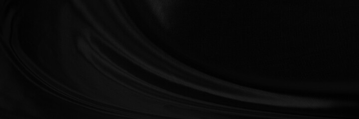 Black gray satin dark fabric texture luxurious shiny that is abstract silk cloth panorama background with patterns soft waves blur beautiful.