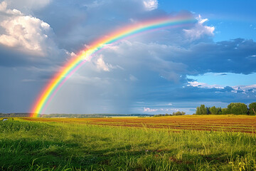 Obraz premium Rainbow arcing over a field after a summer rain