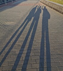Fototapeta premium Long Shadows of Three Friends on Pavement Signifying Companionship at Dusk