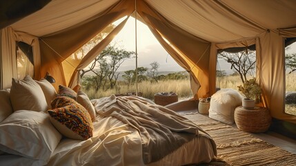 A sleeping tent for glamping and camping in the middle of the savannah, Africa, with a double bed and pillows on it as well as other furniture, with a view of nature and the wilderness, outdoor living