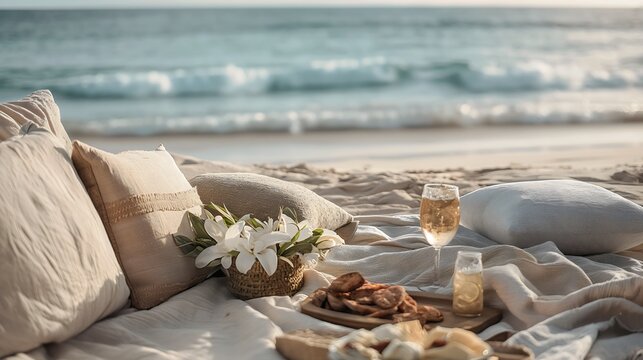 A romantic summer picnic for a couple on the beach by the sea and ocean. Blanket with pillows on the sand, lunch, and glasses of wine. Enjoying the holiday, vacation, honeymoon, love, and travel