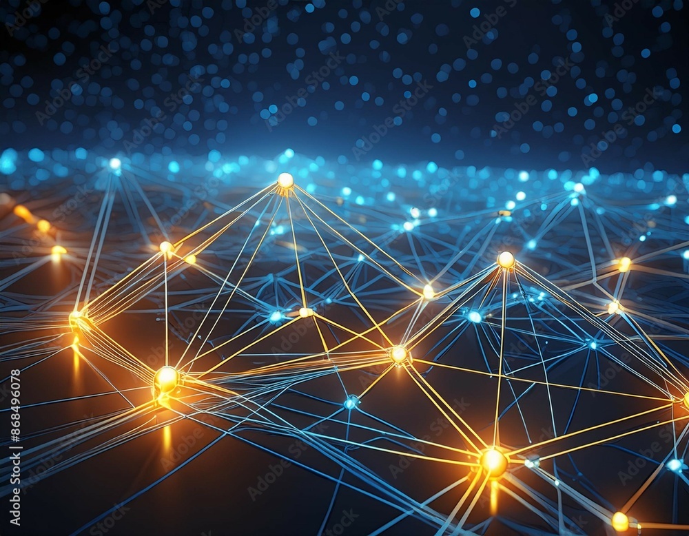 Poster a image of 3d rendering of network connection with glowing dots and lines. network concept generativ