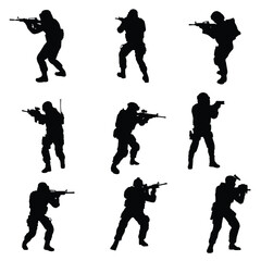 Military Gun Man Shooter Silhouette Vector Illustration Set