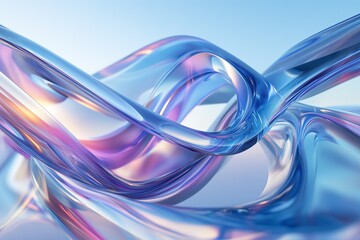 Abstract, fluid glass ribbons with vibrant hues intertwine against a light sky blue backdrop