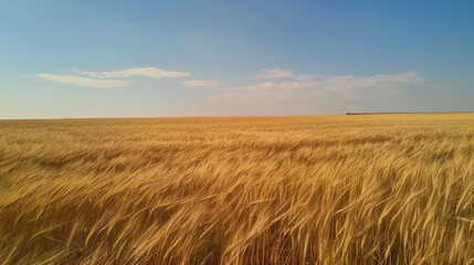 A vast golden wheat field extends to the horizon under a clear blue sky with few clouds, evoking a sense of tranquility and open space.