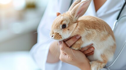 Rabbit being examined by a vet, representing pet healthcare. Concept of veterinary care for small animals.