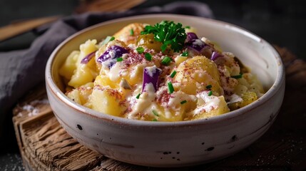 A delicious bowl of creamy mashed potatoes topped with herbs and bacon, perfect for comfort food lovers.