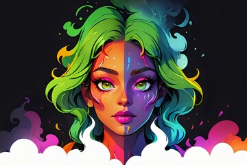 Vibrant fantasy portrait of a woman with green hair and colorful face paint, perfect for fantasy art, book covers, and creative design projects. Isolated on a dark background.
