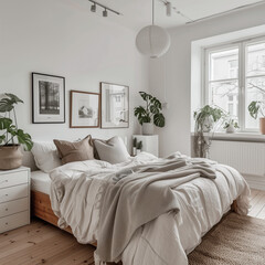 Cozy Scandinavian Bedroom with Plants and Minimalist Decor, AI Generation
