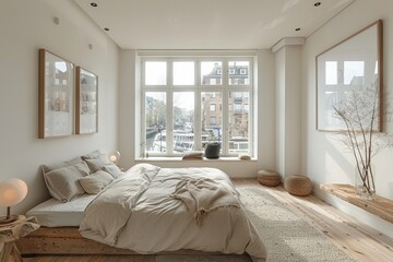 Scandinavian bedroom bright lighting from large windows white walls light wood flooring minimalist furniture cozy feel