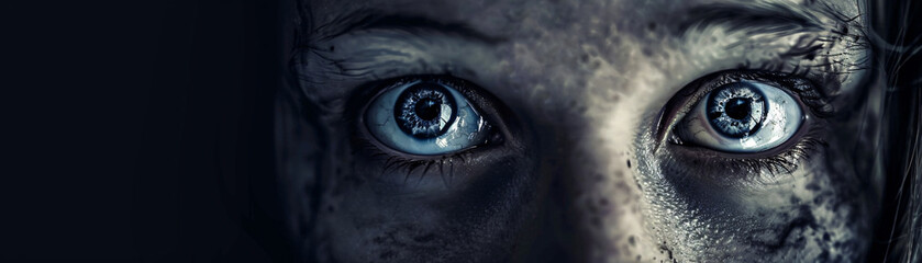 Reflection of a shocking revelation in widened eyes, with a dark, mysterious background