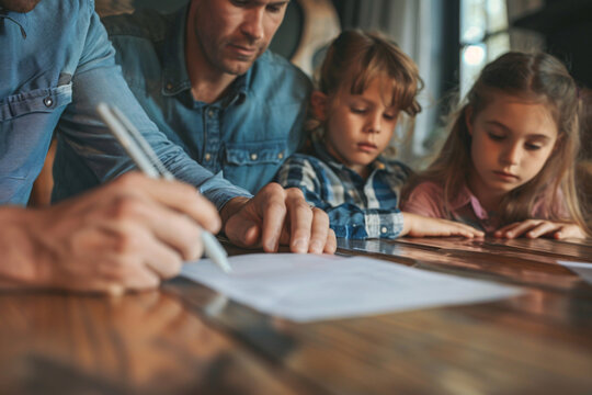 Parents and children planning their future, with life insurance documents on the table